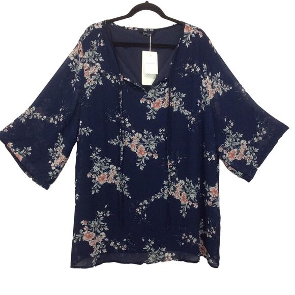 Bloomchic Tunic Women's Plus Size 26 Blue/Pink Floral Boho Sheer Lined Tie Neck - Picture 1 of 11